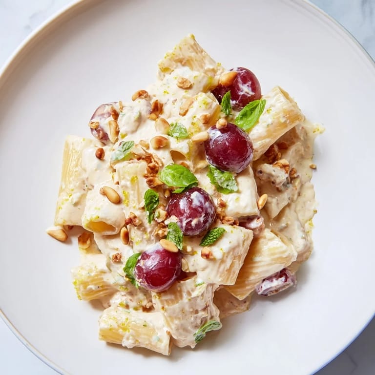 Savory pasta with roasted grapes, topped with pine nuts: a vibrant and flavorful vegetarian meal ready to be enjoyed.
