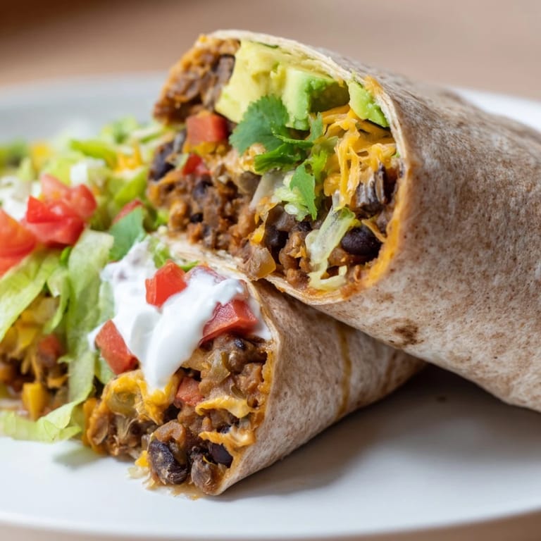 A wrapped Smoky Black Bean Burrito showing a cross-section revealing savory black beans and fresh fillings.