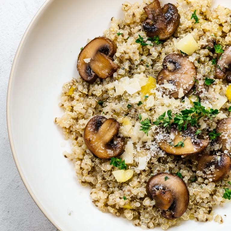 Warm vegetable broth simmering with quinoa to create this delicious mushroom risotto dish.
