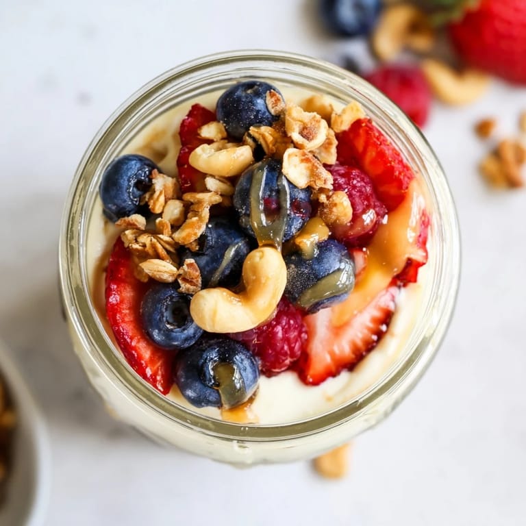 Bright photo of a Cashew Butter Yogurt Parfait showcasing layers of creamy yogurt and colorful berries.