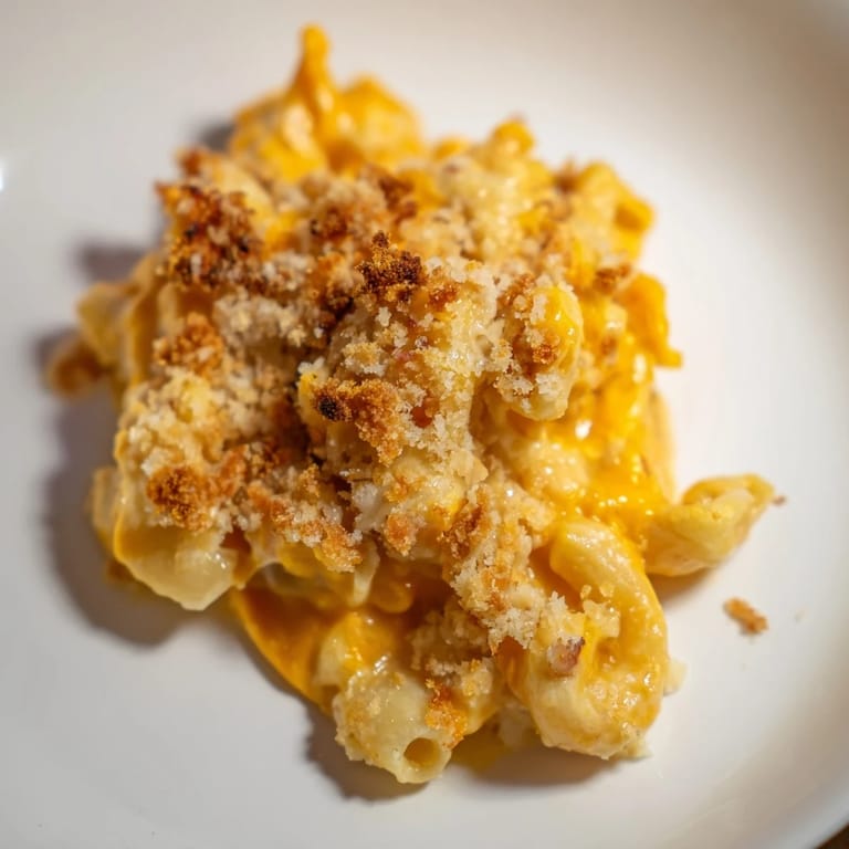 A rich and creamy butternut squash mac looks inviting, golden brown with a crispy topping.