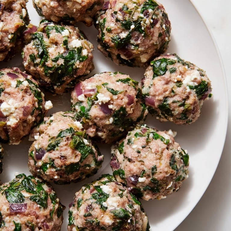 Freshly baked Spinach Feta Turkey Meatballs, seasoned with Greek herbs, alongside a creamy tzatziki sauce.