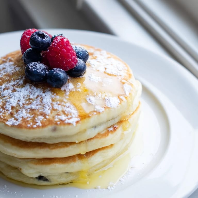 Delicious, homemade Lemon Ricotta Pancakes ready to eat, served with a dusting of powdered sugar.