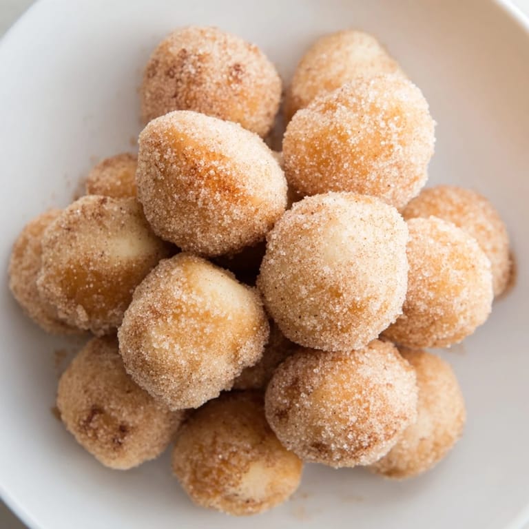 A close-up of warm and fluffy air fryer cinnamon donuts, invitingly coated in a fragrant mixture.
