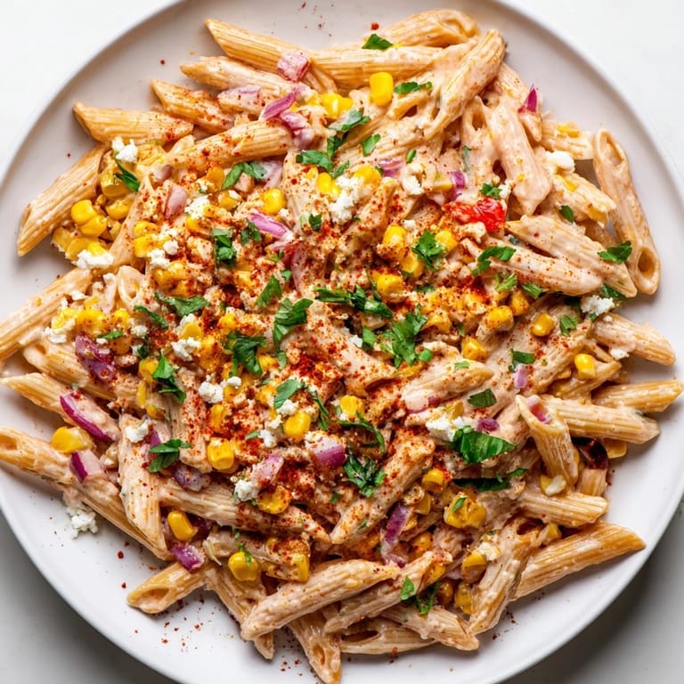 Close-up of a bowl filled with Mexican Street Corn Pasta, perfect for a summer side dish with fresh flavors.