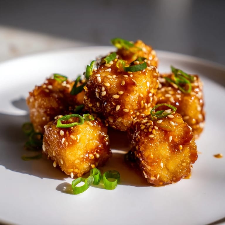 Golden-brown pieces of Honey Gochujang Tofu, tossed in a sticky sauce for a delicious vegetarian meal.