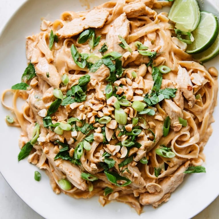 Creamy, flavorful Thai Peanut Chicken Pasta ready to be enjoyed, with a side of fresh lime wedges.