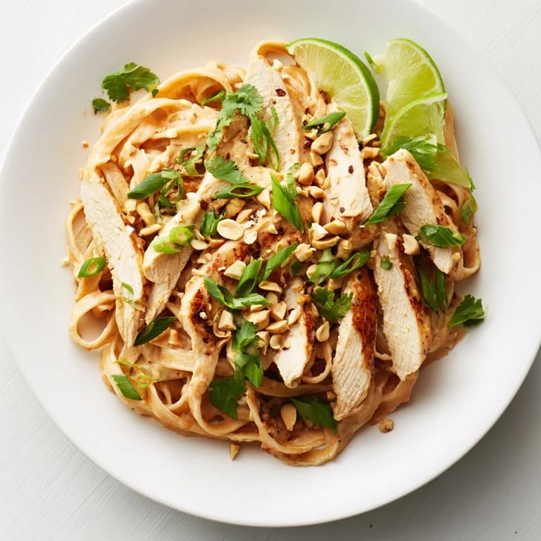 This easy Thai Peanut Chicken Pasta features tender chicken coated in a rich peanut sauce, ready now.