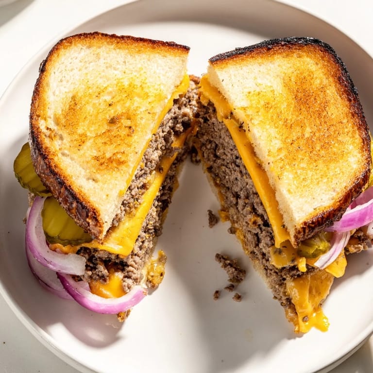 A close-up of a Smashed Burger Grilled Cheese sizzling on the griddle, bursting with flavor.