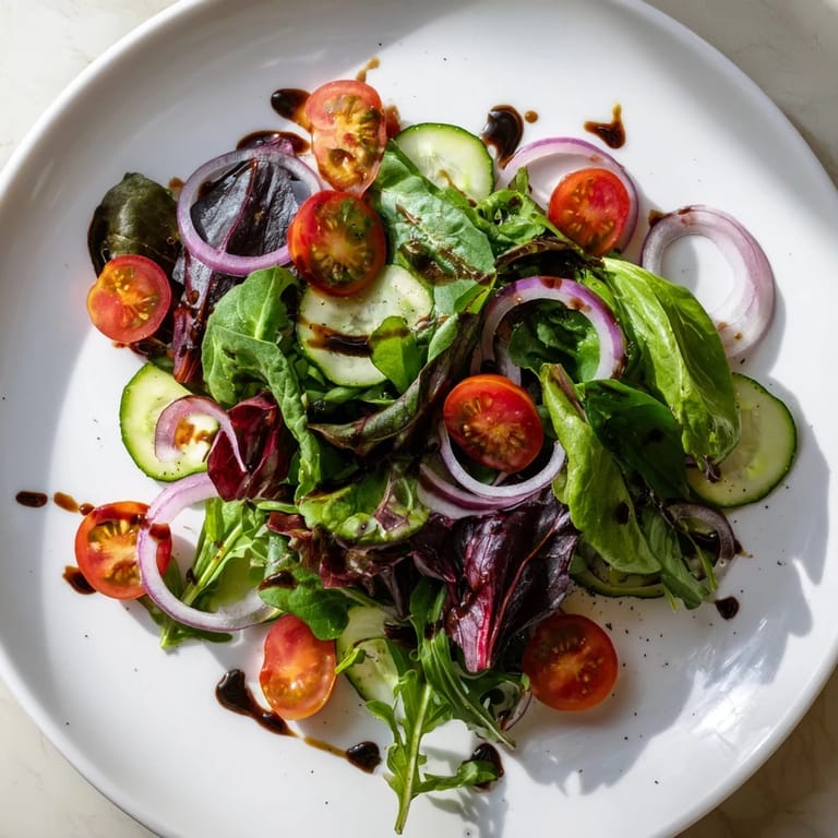 Bright photo of a Quick Balsamic Vinegar Salad served, with red onions and cherry tomatoes.
