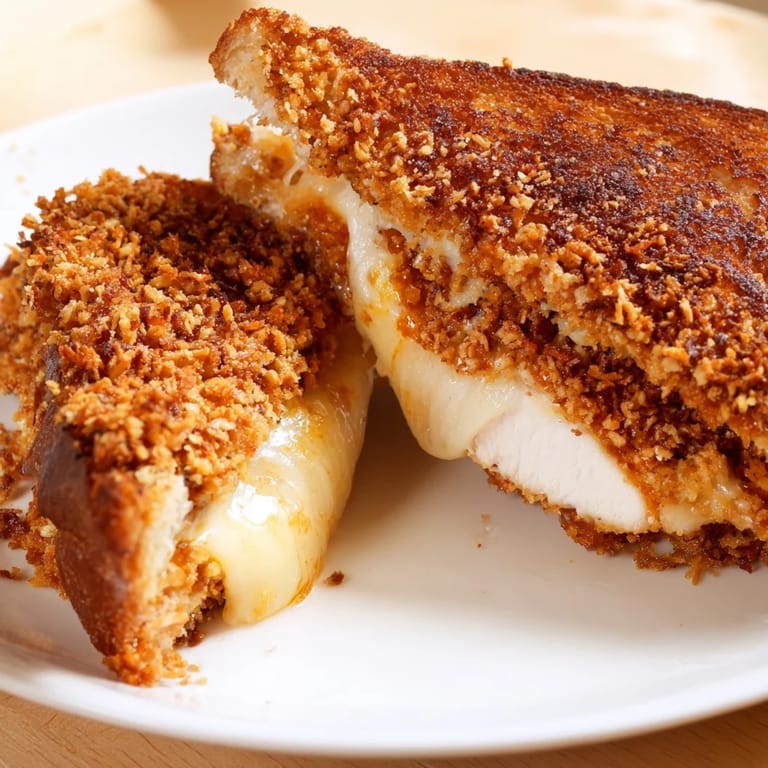 Indulgent close-up of Crispy Parmesan Chicken Thighs Grilled Cheese, a comfort food dream with oozy cheese.