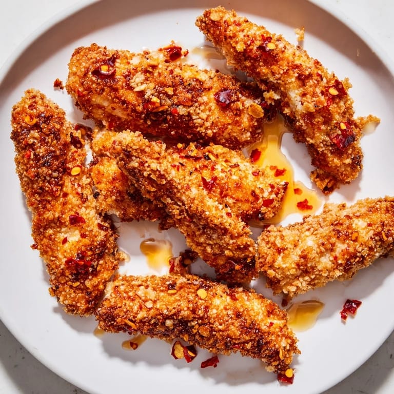 Air-fried crispy panko chicken tenders, served with a vibrant hot honey glaze, ready for a flavorful bite.