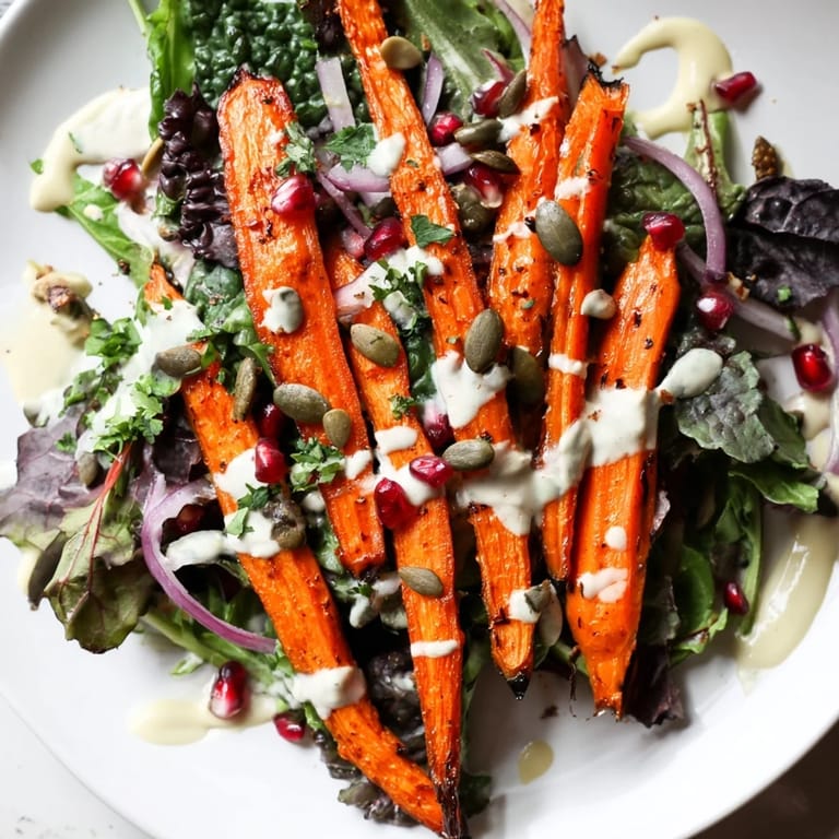 Vibrant Roasted Carrot Salad: Tender carrots, creamy dressing, and fresh greens in a bowl.