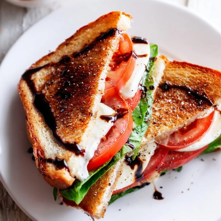 A close-up of a perfectly grilled Caprese Salad Grilled Cheese, ready to be devoured.