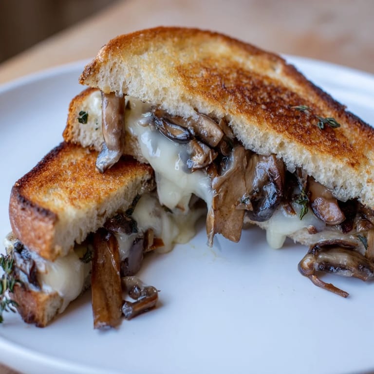A close-up of a creamy mushroom grilled cheese, showing melty cheese and tender mushrooms.