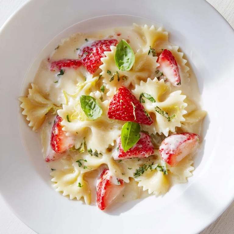Creamy, pink Strawberry Sour Cream Pasta, ready to serve with toasted pine nuts atop.