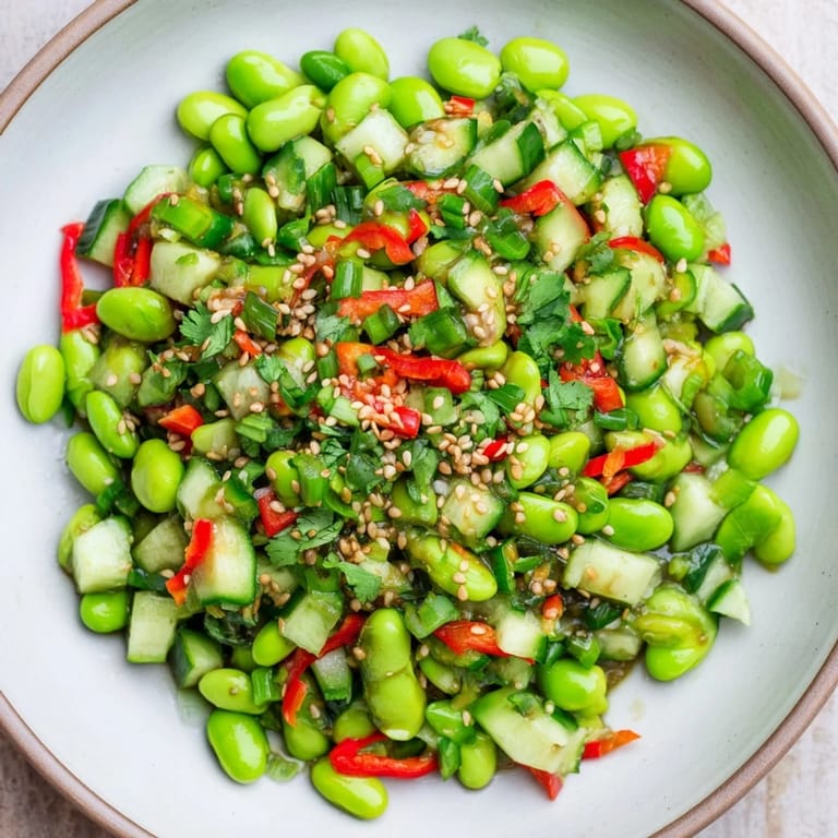 A bowl of fresh edamame salad, perfect as a light, healthy Asian-inspired side dish.