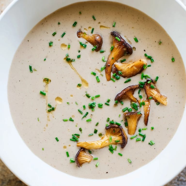 A steaming bowl of creamy mushroom bisque, richly flavored and perfect for a cozy evening.