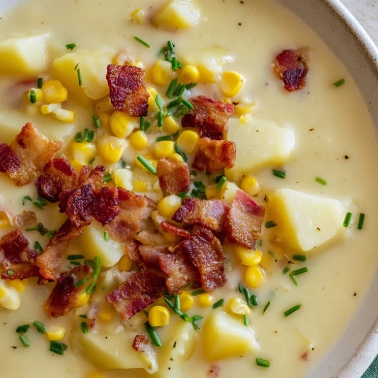 A steaming bowl of homemade Corn Chowder with visible bits of corn, bacon crumbles, and potato chunks.