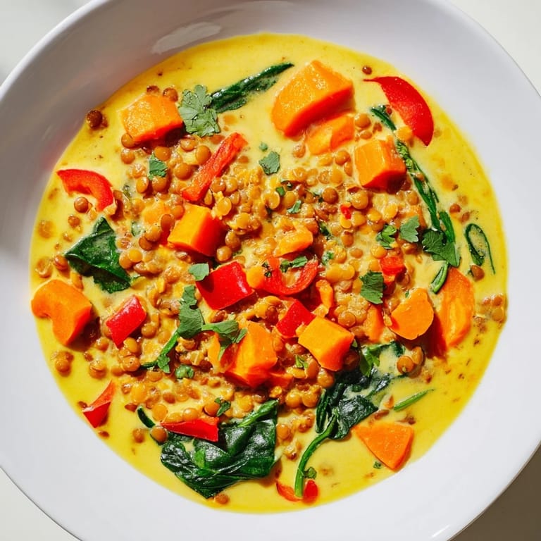 Rich and creamy Lentil Red Curry Soup, a vegan delight brimming with fragrant Thai spices.