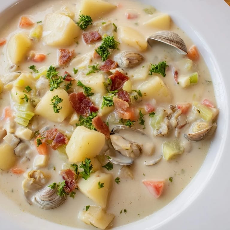A steaming bowl of New England Clam Chowder, with hearty chunks of potatoes and clams, ready for a cozy meal.