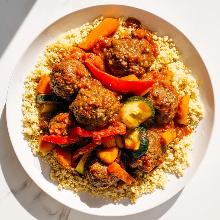 Close view of steaming North African Couscous Kefta, showcasing juicy meatballs and vibrant vegetables.