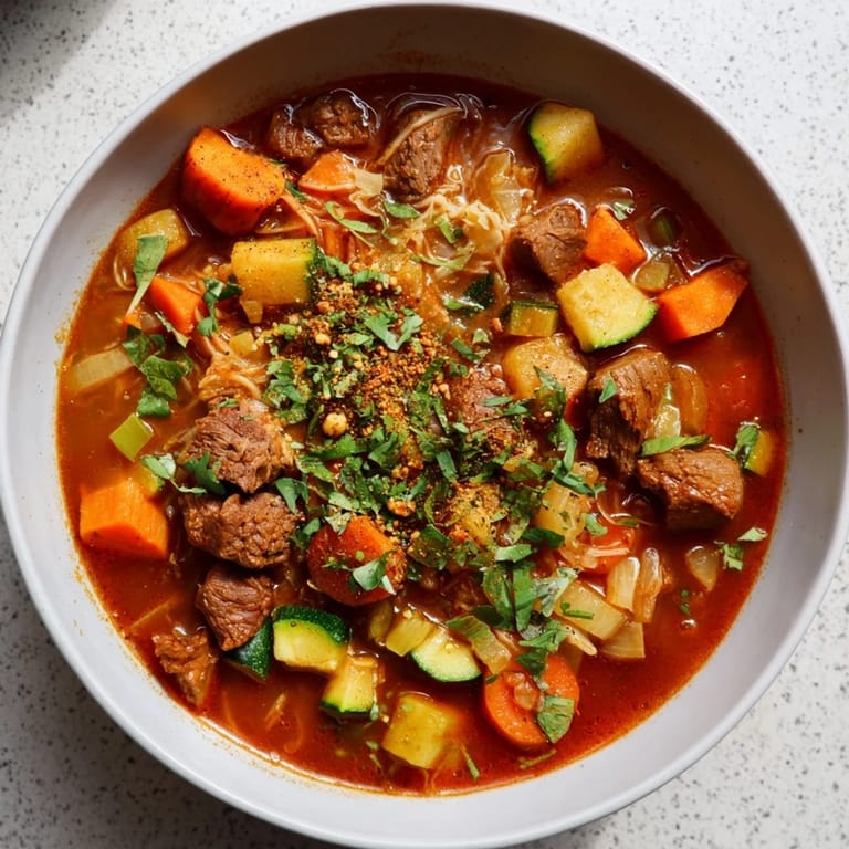 A close-up of Algerian Chorba, showcasing the flavorful broth and perfectly cooked vegetables.