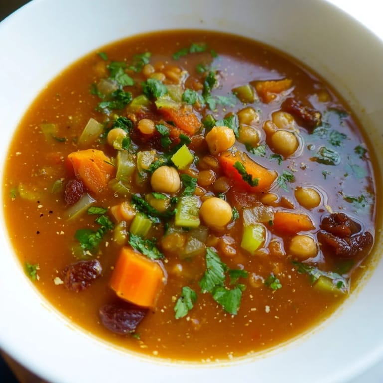 Hearty North African Harira soup, a savory classic with a colorful mix of vegetables and spices.