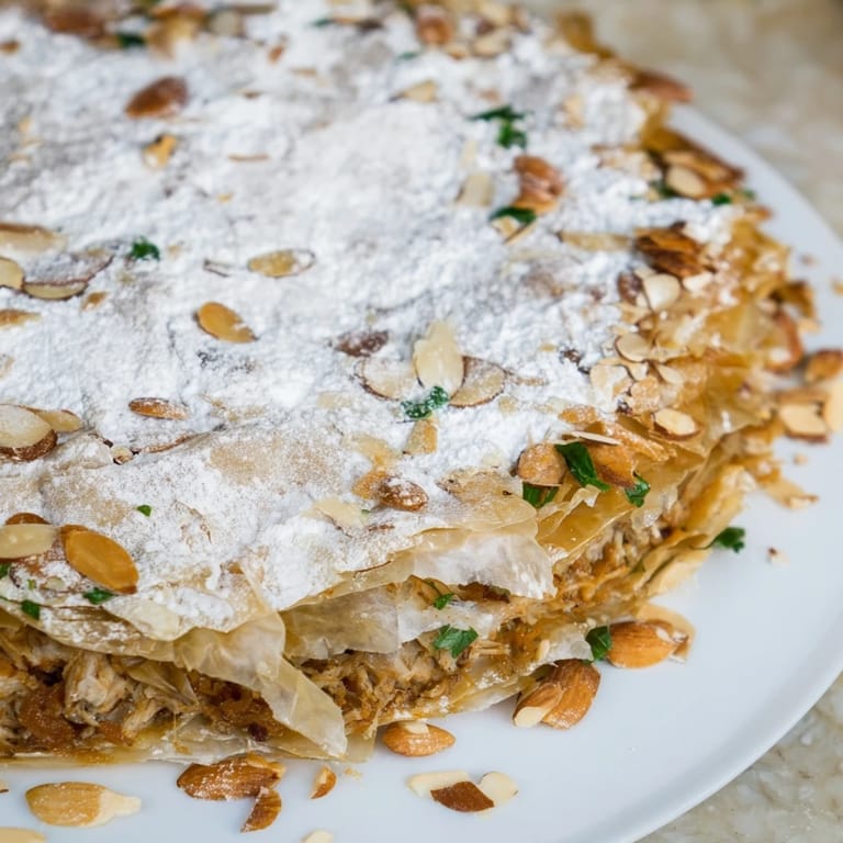 Warm and tempting: a slice of Moroccan Pastilla Pie, oozing savory filling and perfectly crisp pastry.