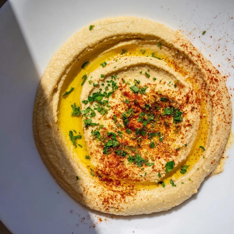 A vibrant, fully garnished Levantine hummus plate with fresh parsley, perfect for dipping warm pita.