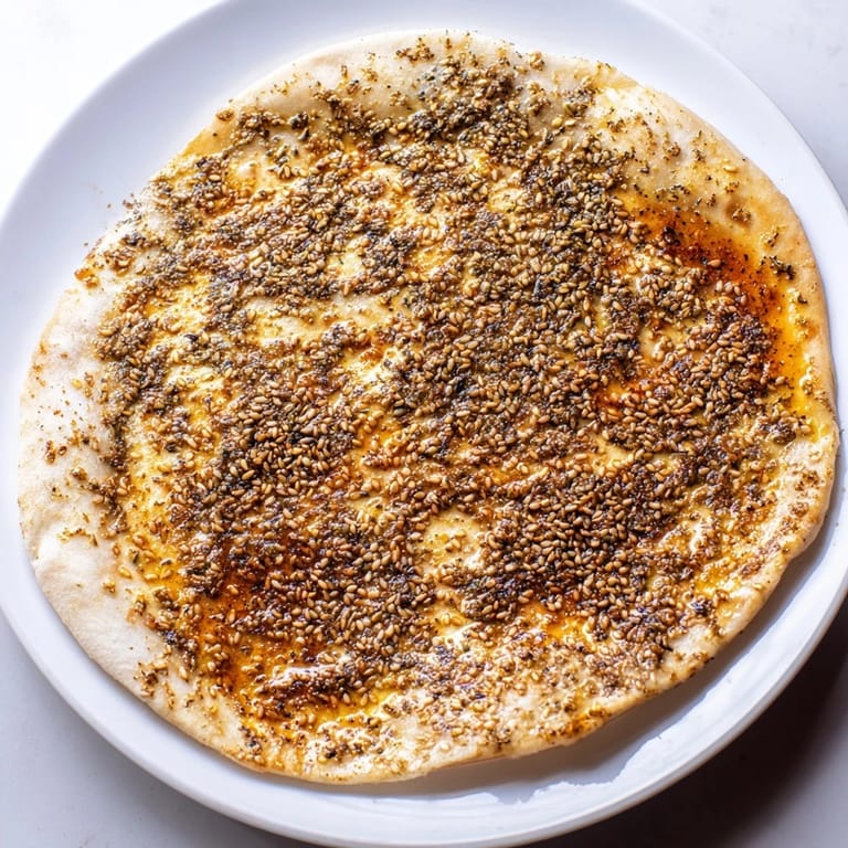 Warm, freshly baked Levantine Zaatar Bread with a visible savory spice topping, ready to serve with a Middle Eastern meal.