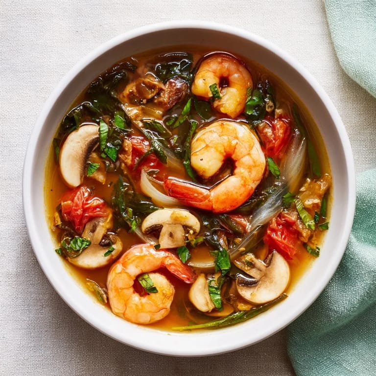 Bright red spicy Tom Yum Soup with plump shrimp and fresh cilantro, ready to eat.