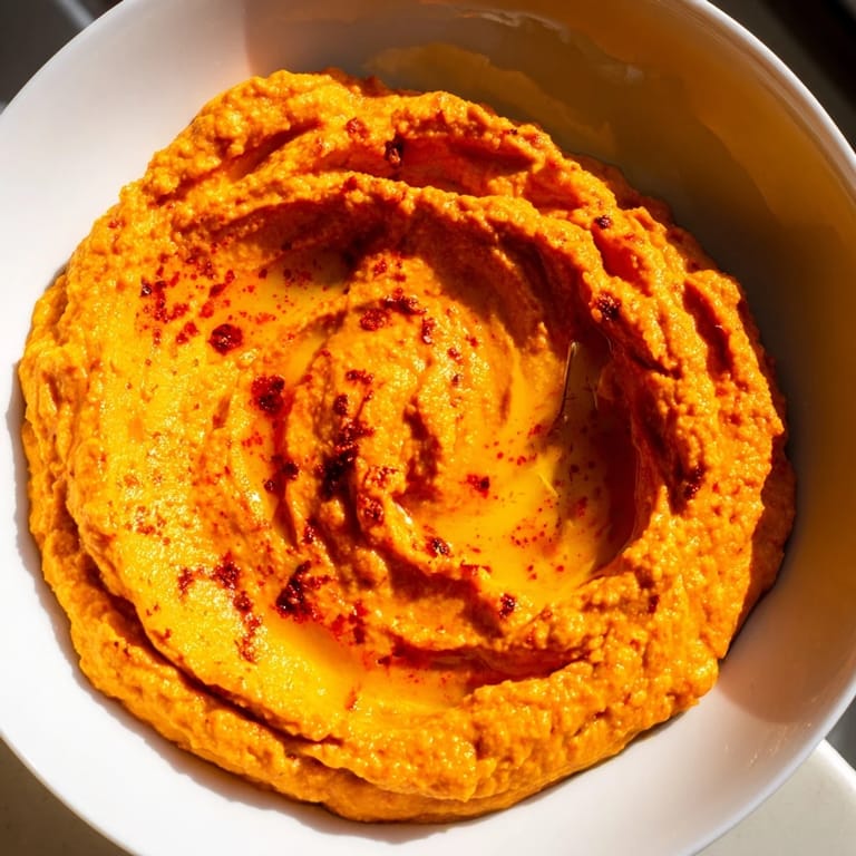 Creamy, smoky Roasted Red Pepper Hummus served with fresh vegetable crudités and warm pita bread slices.
