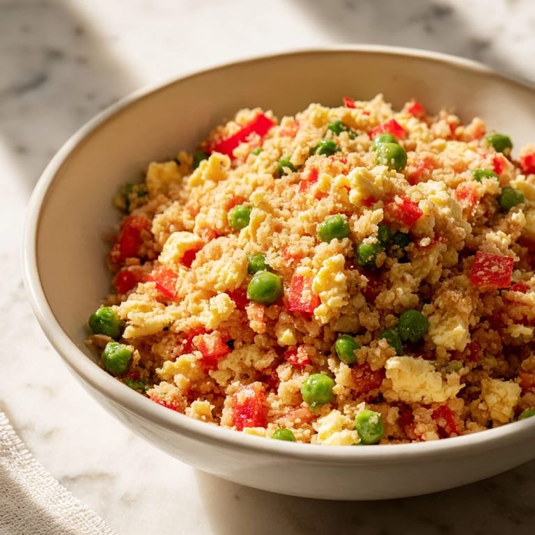 Heaping skillet of freshly made Cauliflower Fried Rice, featuring fluffy veggie "rice," scrambled eggs, and a savory soy glaze.