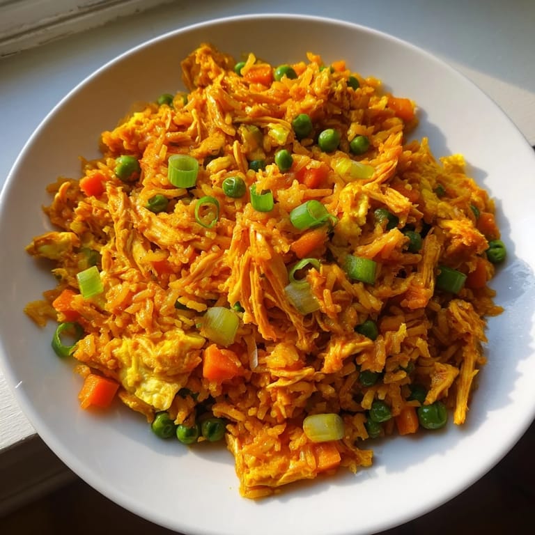 A steaming skillet of Butter Chicken Fried Rice shows tender chicken pieces coated in rich sauce.
