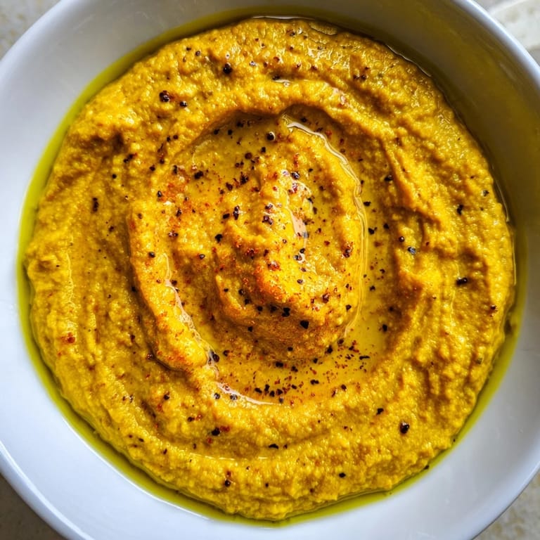 Bowl of homemade chickpea curry paste topped with olive oil and herbs, surrounded by pita wedges and fresh vegetable sticks for dipping.