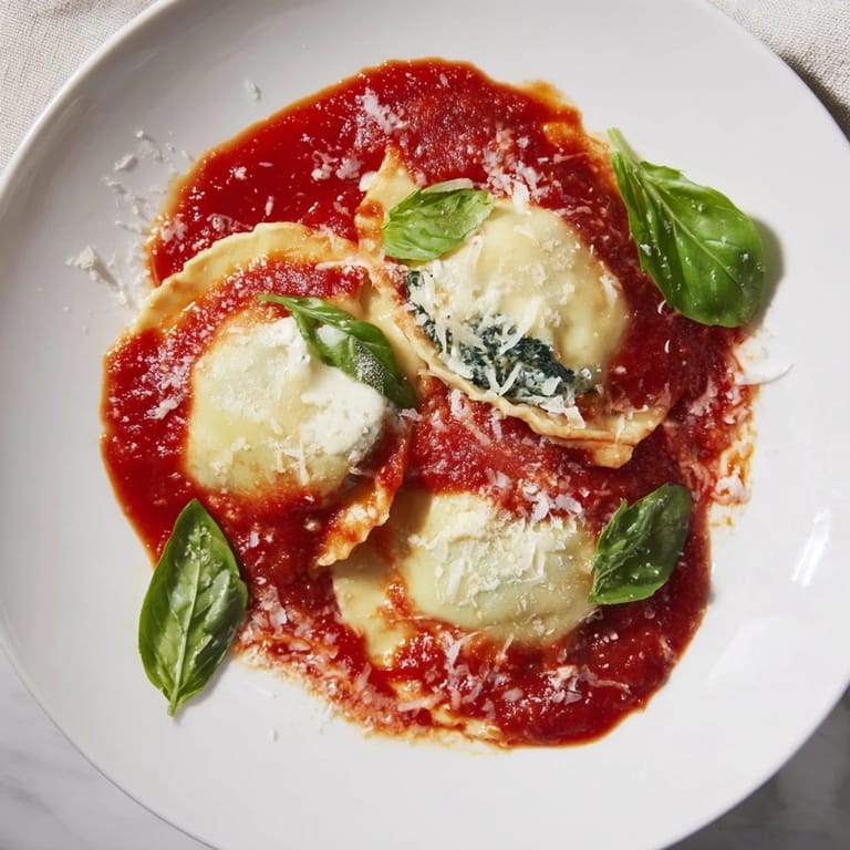 A close-up of Spinach Ricotta Ravioli on a plate, with steam rising and melted Parmesan.