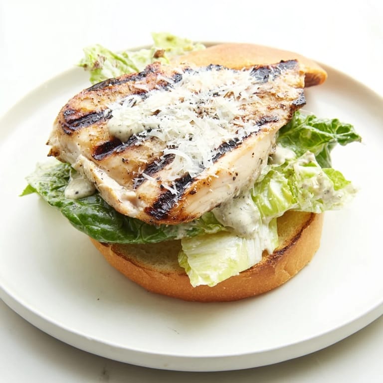 This Caesar Chicken Sandwich features golden brioche buns layered with grilled chicken, fresh romaine, and Parmesan cheese.  