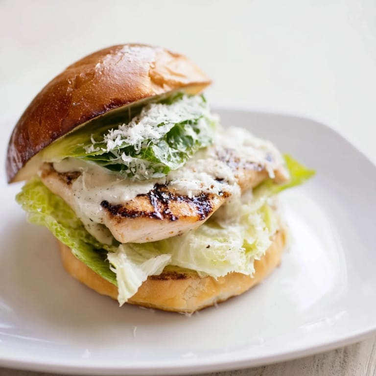 A delicious Caesar Chicken Sandwich served on a plate with a side of chips, showcasing toasted buns and savory toppings.