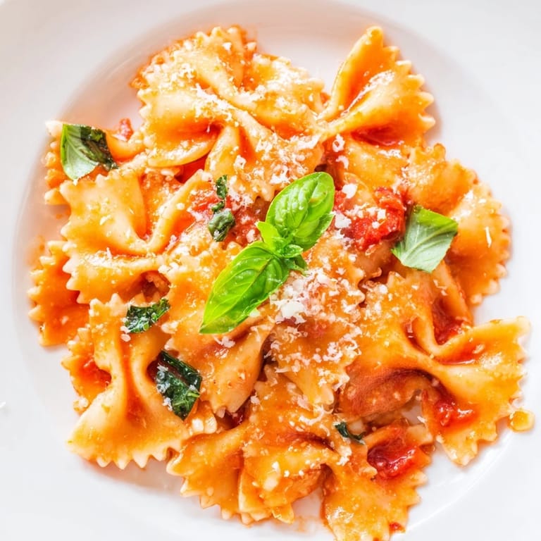 A rustic skillet holds a generous portion of Tomato Basil Bowtie Pasta, garnished with basil and extra cheese, ready to serve.