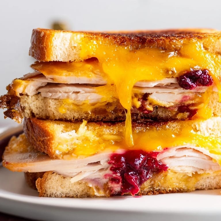 A close-up of the Smoked Turkey Grilled Cheese sandwich, melted cheddar oozing from between crispy golden-brown bread slices.