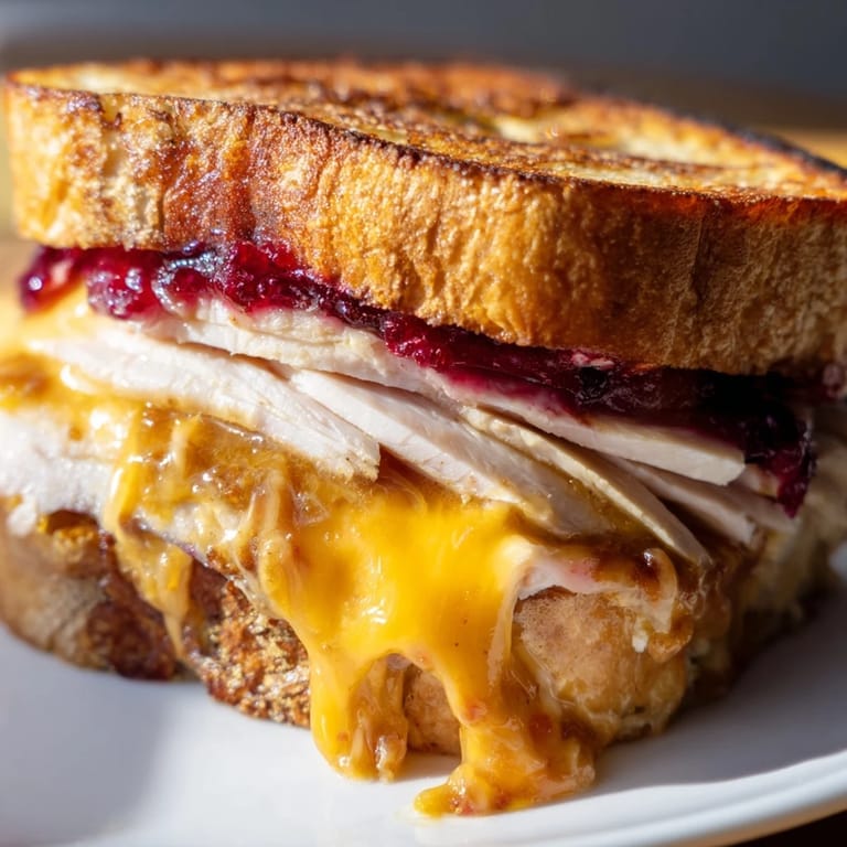 The Smoked Turkey Grilled Cheese features toasted whole wheat bread with melted cheddar and a vibrant layer of cranberry spread.