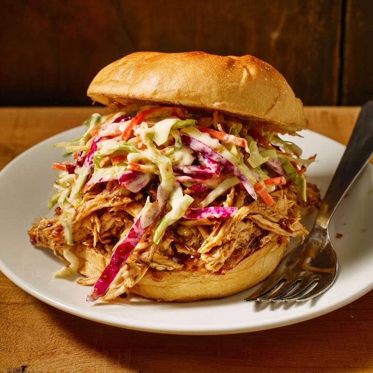 A close-up of the juicy Pulled Chicken Sandwich, featuring shredded chicken glistening with barbecue sauce and a fresh cabbage-carrot slaw.  