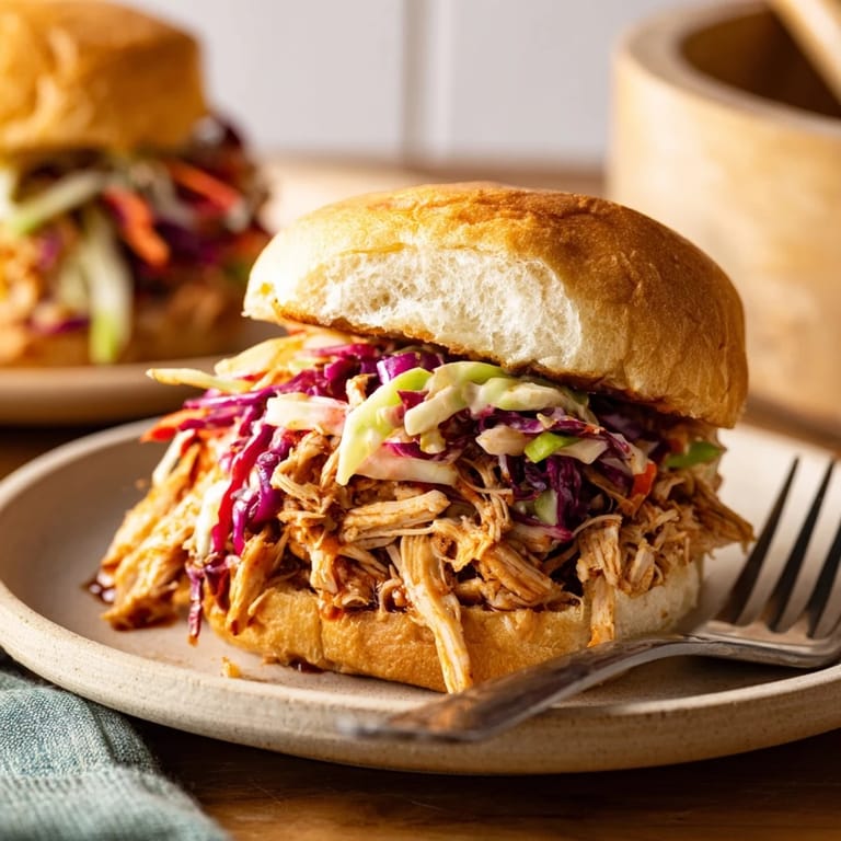 Serving suggestion for Pulled Chicken Sandwich on a rustic plate, with extra slaw on the side and a side of sweet potato fries.