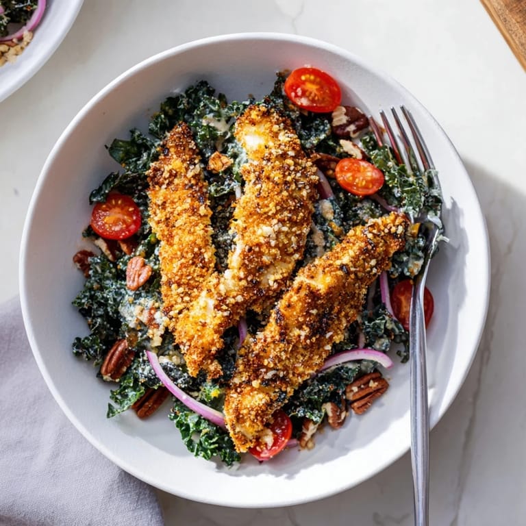 For a hearty weeknight dinner, this Crispy Chicken Kale Salad combines crispy breaded chicken, kale, and sweet-tart dressing for a satisfying, American-style meal.