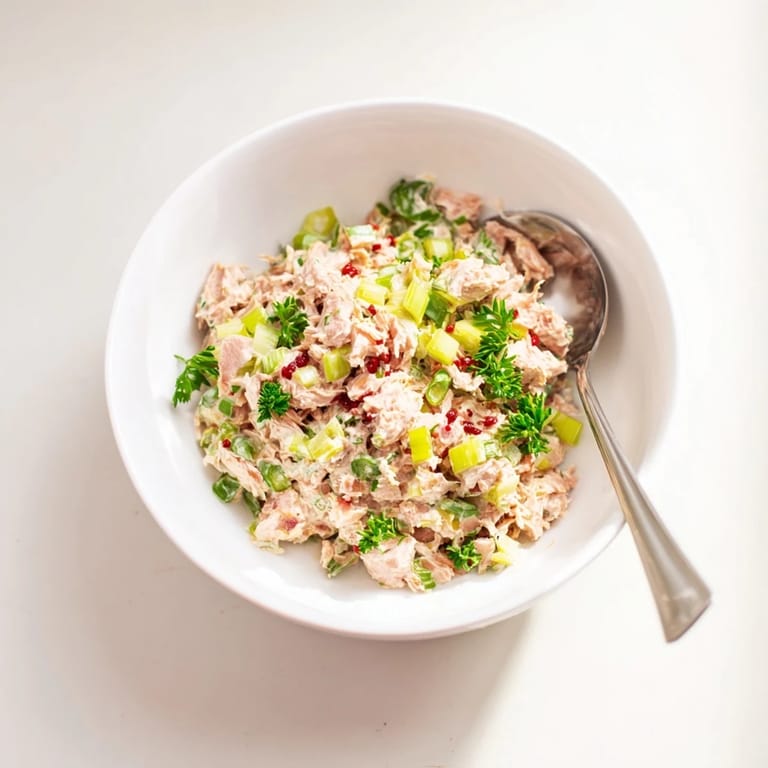 Spicy Zesty Tuna Salad in a rustic bowl garnished with parsley, lemon wedges, and a drizzle of creamy Sriracha mayo dressing.