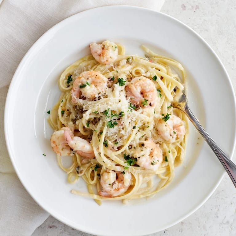 Elegant homemade creamy garlic shrimp pasta in a skillet, steaming and ready to be enjoyed for a weeknight Italian meal.