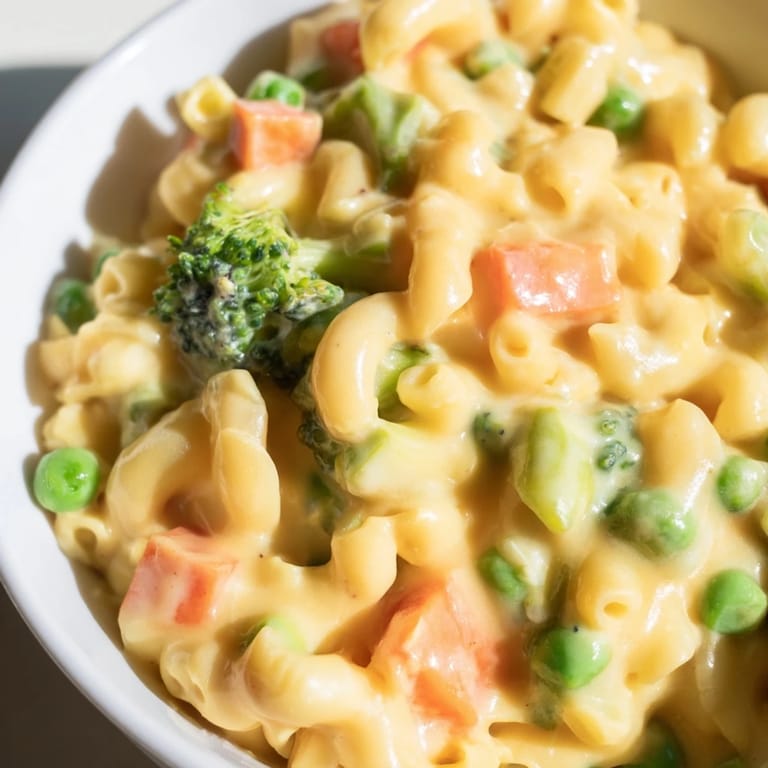 A close-up view of Garden Veg Mac and Cheese reveals steaming pasta, vibrant vegetable chunks, and a crispy panko topping.