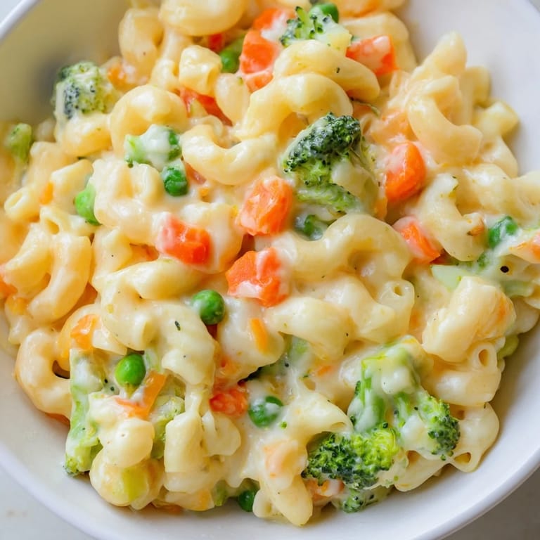 Serve this comforting Garden Veg Mac and Cheese in a white dish, garnished with fresh parsley and a side salad.