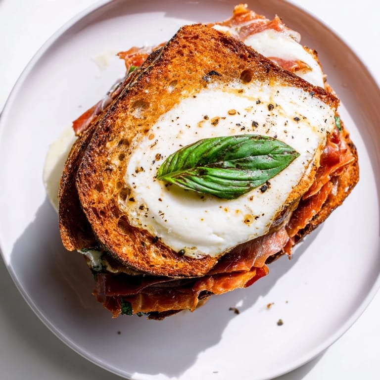 Fresh basil leaves add a green pop to the melted burrata and crunchy prosciutto in this Italian-American sandwich.  